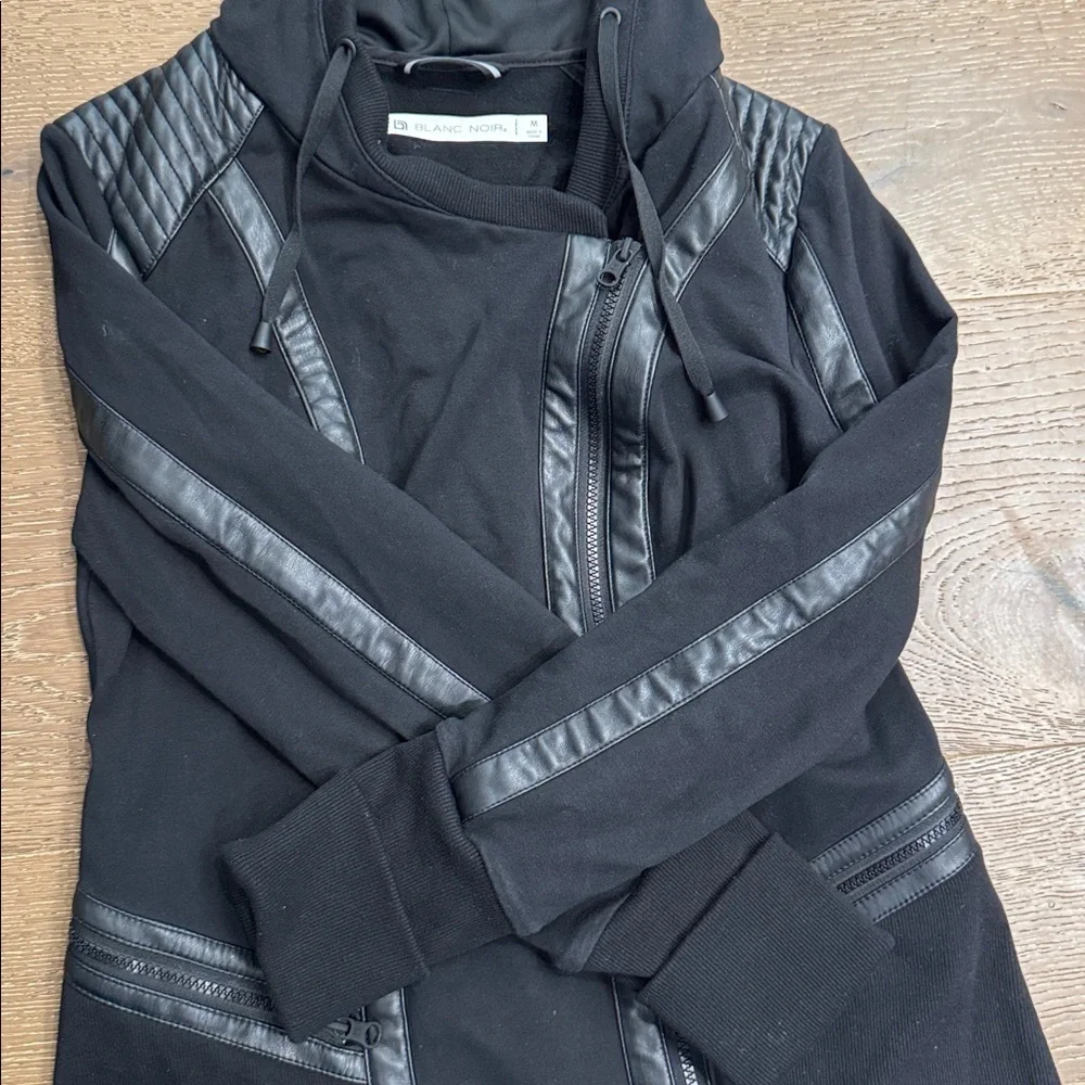 Blanc Noir Black Moto Hooded Jacket Faux Leather Trim Size M